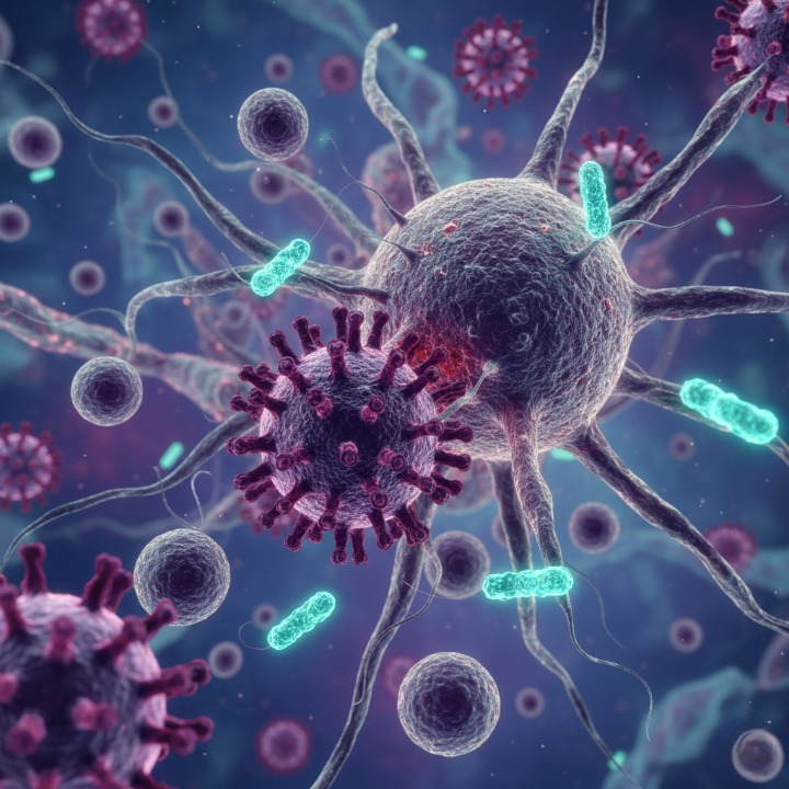 Glóbulos Blancos (Linfocitos y Macrófagos) combatiendo un virus