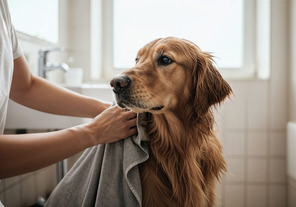 perro secandose despues de baño