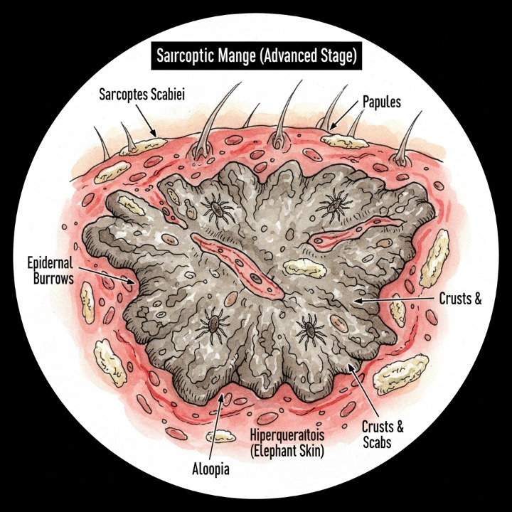 Una representación de la piel afectada con múltiples ácaros, mostrando la hiperqueratosis y el engrosamiento de la piel ("piel de elefante") de forma más generalizada.