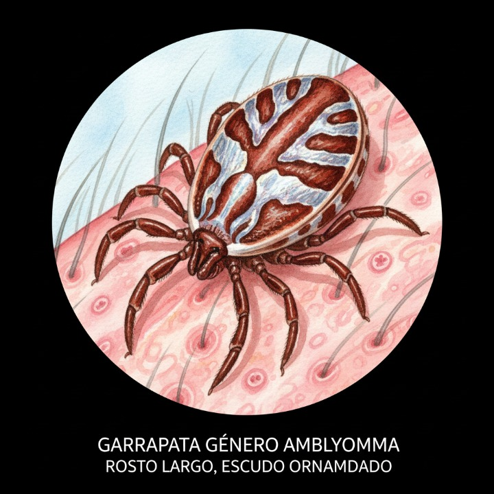 Garrapata Amblyomma (con su escudo ornamentado y rostro largo)