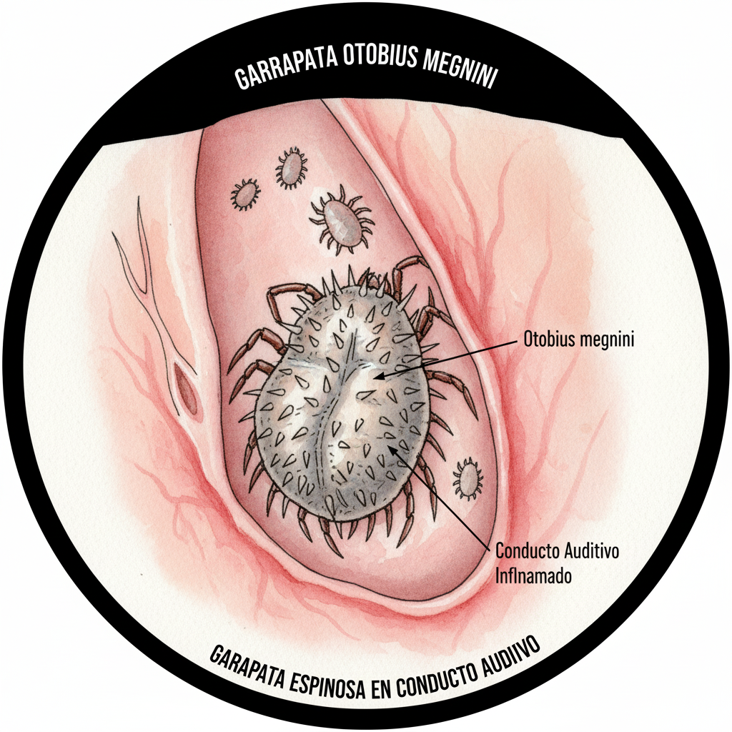 Garrapata Otobius megnini (garrapata espinosa) en el conducto auditivo
