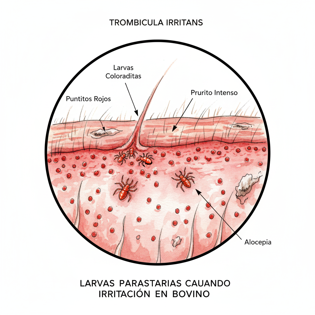 Larva de Trombicula irritans (mismis o coloradito) en la piel de un bovino