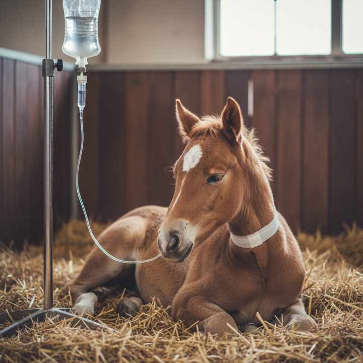 Potro recibiendo fluidoterapia intravenosa